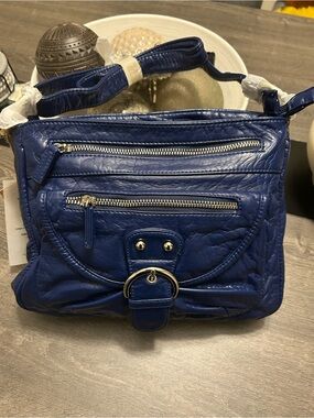 Navy Quilted Crossbody Bag with Front Buckle Accent
